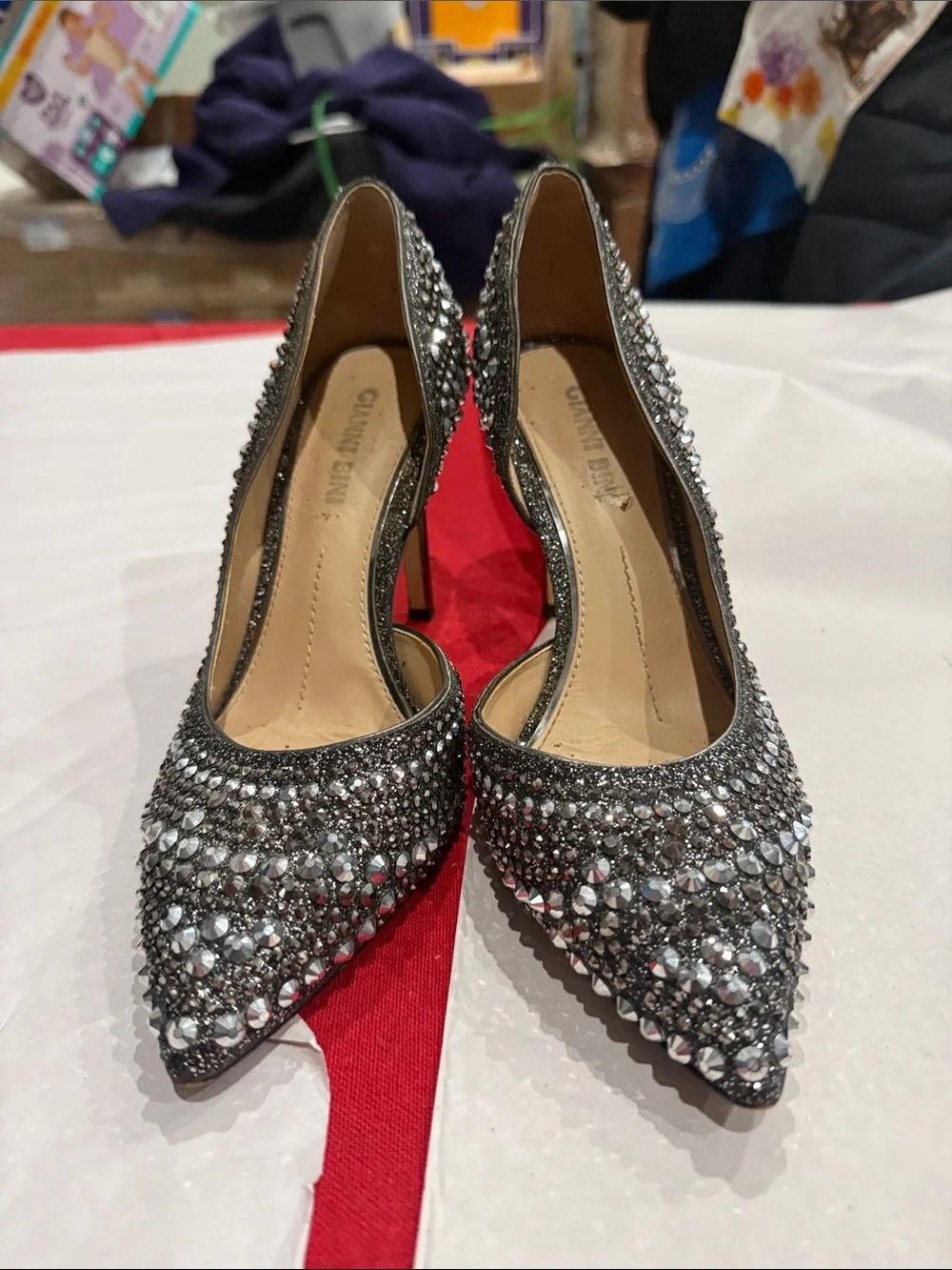 Embellished Pointed-Toe High Heels in Silver